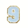 Blue chenille varsity number 9 patch with gold glitter border for clothing DIY decor. - 9