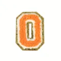Orange chenille varsity number zero patch with gold glitter border for DIY clothing decor.