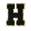 Black chenille letter H patch with gold glitter border for DIY clothing apparel jacket. - Letter H