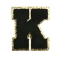 Black and gold glitter letter K chenille patch detail shot, perfect for diy apparel decoration. - Letter K