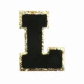 Black chenille letter L patch with gold glitter sequin border for DIY clothing and bags. - L