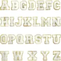 White chenille letter patches with gold glitter border for DIY clothing decoration. - 26-Piece White Letter Set