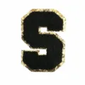 Black chenille letter S patch with gold glitter border for DIY clothing and bags decor. - S