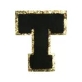 Black chenille letter T embroidered patch with gold glitter border for DIY clothing and bags. - Letter T