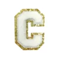 White chenille letter C patch with gold glitter border for DIY clothing, bags, and accessories. - Letter C