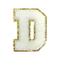 Detailed shot of white chenille letter D patch with gold glitter border for DIY clothing. - Letter D