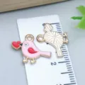 Cute pink bird enamel charm with red heart, gold alloy pendant for DIY jewelry making - Heart Bird (25165) / 1 Piece (14.5x18x1mm) / Pink