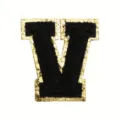 Black and gold glitter varsity letter V chenille embroidery patch for DIY clothing bags. - Letter V