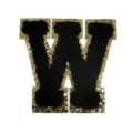 Black chenille letter W patch with gold sequins for DIY clothing and bags decoration - Letter W