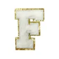 White chenille letter F patch with gold glitter border for DIY clothing and bags. - Letter F