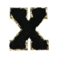 Black varsity letter X patch with gold glitter border, chenille DIY clothing embroidery accessory. - Letter X