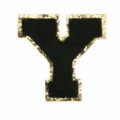 Black letter Y patch with gold glitter border, detailed terry cloth embroidery for DIY apparel. - Letter Y