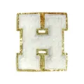 Close-up detail of white chenille letter H patch with sparkling gold glitter border for DIY. - Letter H