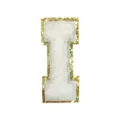 Close-up detail of the white towel embroidery letter I patch with shiny gold sequin border. - Letter I