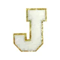 White chenille letter J embroidery patch with gold glitter border for DIY clothing - Letter J