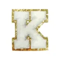 White chenille letter K patch detail view, perfect for DIY clothing bags and apparel decoration. - Letter K