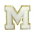 White chenille letter M patch detail, sparkling gold glitter border, DIY apparel accessory. - M