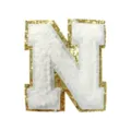 White chenille letter N patch with gold glitter border, perfect for DIY clothing and bags. - Letter N