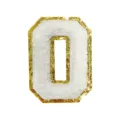 Gold glitter border white chenille letter number patch DIY clothing jacket bag decor detail shot - Letter O