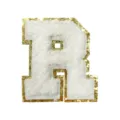 White chenille letter R patch with gold glitter border for DIY clothing, bags and accessories decor. - Letter R