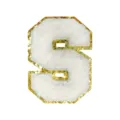 White chenille letter S patch with gold glitter edge, perfect for clothing and bag DIY. - S