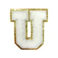 Detail shot of white chenille letter U patch with gold glitter border for DIY clothing bags. - Letter U