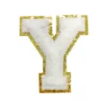 White chenille letter Y patch close-up, gold glitter edge detail for DIY clothing bags decor. - Letter Y