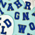 Blue and gold glitter chenille varsity letter patches for DIY clothing, bags and crafts decoration - Full Set of 26 Blue Letters