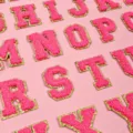 Pink Chenille Glitter Letter Patches Custom DIY Alphabet Applique for Clothing Bags - Full Set of 26 Rose Red Letters