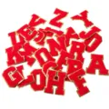 Red Chenille Varsity Letter Patches Glitter Gold Border Iron On Alphabet DIY Crafts - Full Set of 26 Red Letters