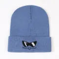 Gorro de punto azul para mujer, gorro cálido de otoño invierno con bonito diseño de bordado de gafas. - Talla única / Azul