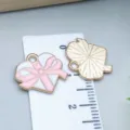 Enamel alloy heart pendant with pink bow and golden leaf charm for DIY jewelry - Love Heart Bow Gift Box (25188) / 1 Piece (14.5x16x1mm) / Pink