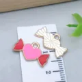 Sweet candy-shaped alloy charm with pink heart and red enamel detail for DIY jewelry - Heart Candy (25204) / 1 Piece (10.5*18*1mm) / Pink