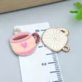 Pink enamel coffee cup charm with heart pendant for DIY jewelry bracelet making - Heart Tea Cup Coffee Cup (25218) / 1 Piece (17*17*1mm) / Pink