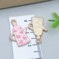 Pink enamel alloy teapot charm with heart pattern and gold finish for DIY jewelry - Heart Watering Can (25219) / 1 Piece (22*15*1mm) / Pink