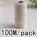100M White Gold Cotton Twine Metallic Cord Ribbon for Gift Wrapping Christmas Decor - 100m/Roll / White