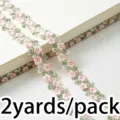Pink and green floral lace trim ribbon for sewing DIY crafts apparel decoration details 2 yards - Pink