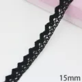 Black cotton lace trim ribbon 15mm wide, perfect for DIY sewing crafts and gift wrapping. - 15mm Width / Black