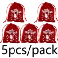 Red velvet Christmas gift bags with cute Santa Claus print and drawstring design, 5pcs. - Style 1