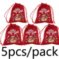Christmas velvet gift bags red drawstring pouches holiday party favor packaging 5pcs - Style 2