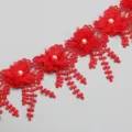 Close up of red lace trim with floral applique and pearl for wedding decoration crafts 9cm - Red
