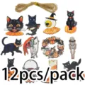 12pcs Halloween wooden hanging pendants set, spooky cat skeleton party DIY decorations. - Set / Mixed Material