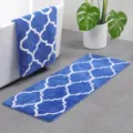 Blue and white tufted bath mat detail shot, soft absorbent floor carpet for home decor. - Blue