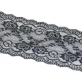 Close-up view of black elastic lace trim detail, showing floral pattern and scalloped edge. - Black