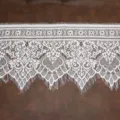Close-up detail of white eyelash lace trim with intricate floral pattern and fringe edge. - White