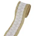 Close-up of burlap ribbon roll with delicate white lace trim, perfect for rustic DIY craft projects. - 9