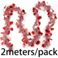 Valentine's Day red white tinsel garland with shiny heart decorations, 2 meters per pack. - Red