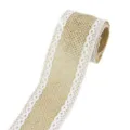 Close-up of natural burlap ribbon with delicate white lace edge, perfect for DIY and crafts. - 7