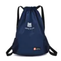 Navy blue drawstring gym sack backpack with mesh side pockets for outdoor sports fitness training. - Mesh Bag Dark Blue