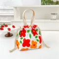 Canvas drawstring lunch bag cute floral bento handbag for women students daily use - Orange-Red HyunA-Inspired Drawstring Lunch Bag